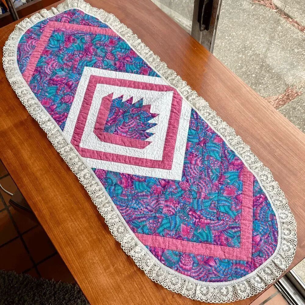 Vintage 1980s Handmade Quilted Table Runner w/ Lace Butterfly Wing